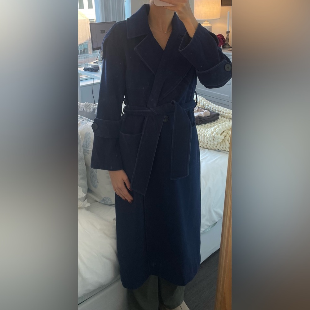 Badgley Mischka Wool Navy Belted Trench Coat